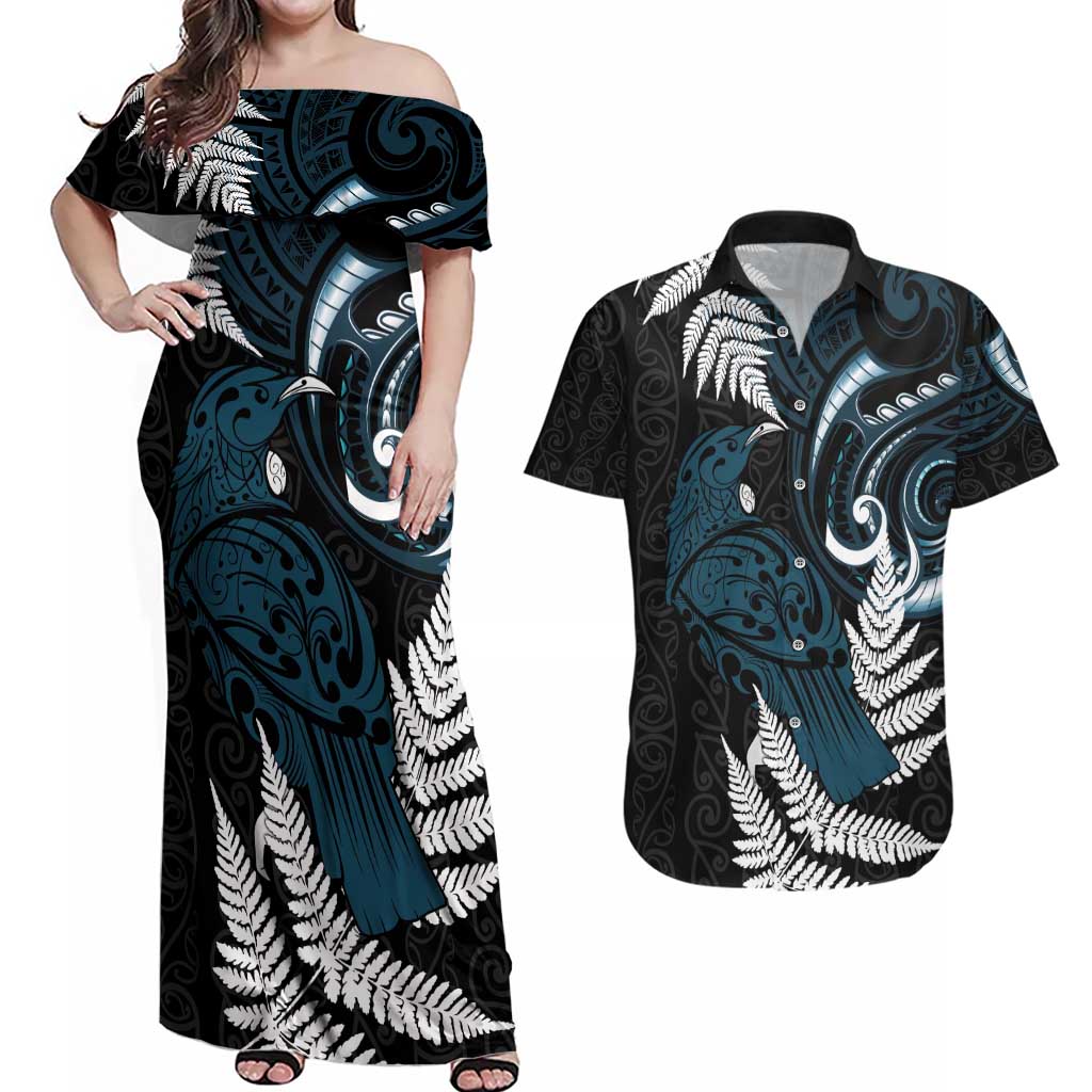 New Zealand Tui Bird Couples Matching Off Shoulder Maxi Dress and Hawaiian Shirt Maori Kowhaiwhai