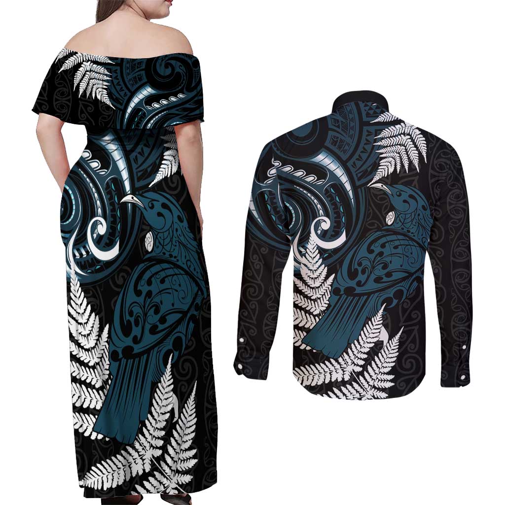 New Zealand Tui Bird Couples Matching Off Shoulder Maxi Dress and Long Sleeve Button Shirt Maori Kowhaiwhai