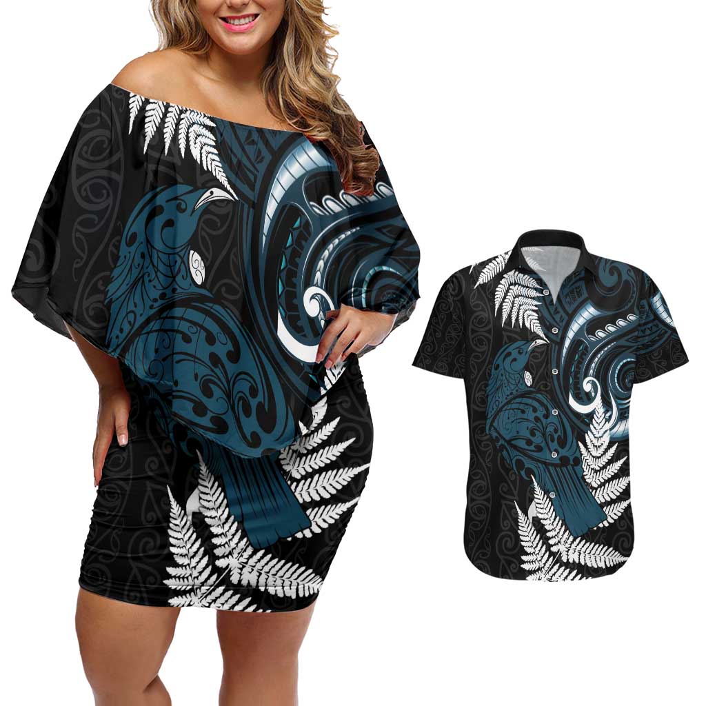 New Zealand Tui Bird Couples Matching Off Shoulder Short Dress and Hawaiian Shirt Maori Kowhaiwhai LT7 Teal - Polynesian Pride