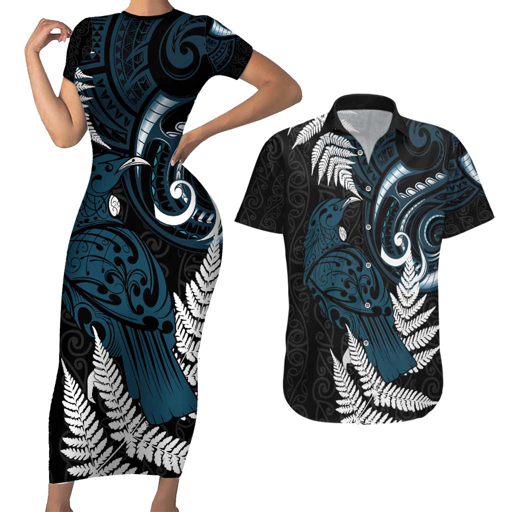 New Zealand Tui Bird Couples Matching Short Sleeve Bodycon Dress and Hawaiian Shirt Maori Kowhaiwhai LT7 Teal - Polynesian Pride