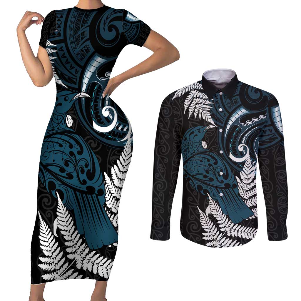 New Zealand Tui Bird Couples Matching Short Sleeve Bodycon Dress and Long Sleeve Button Shirt Maori Kowhaiwhai LT7 Teal - Polynesian Pride