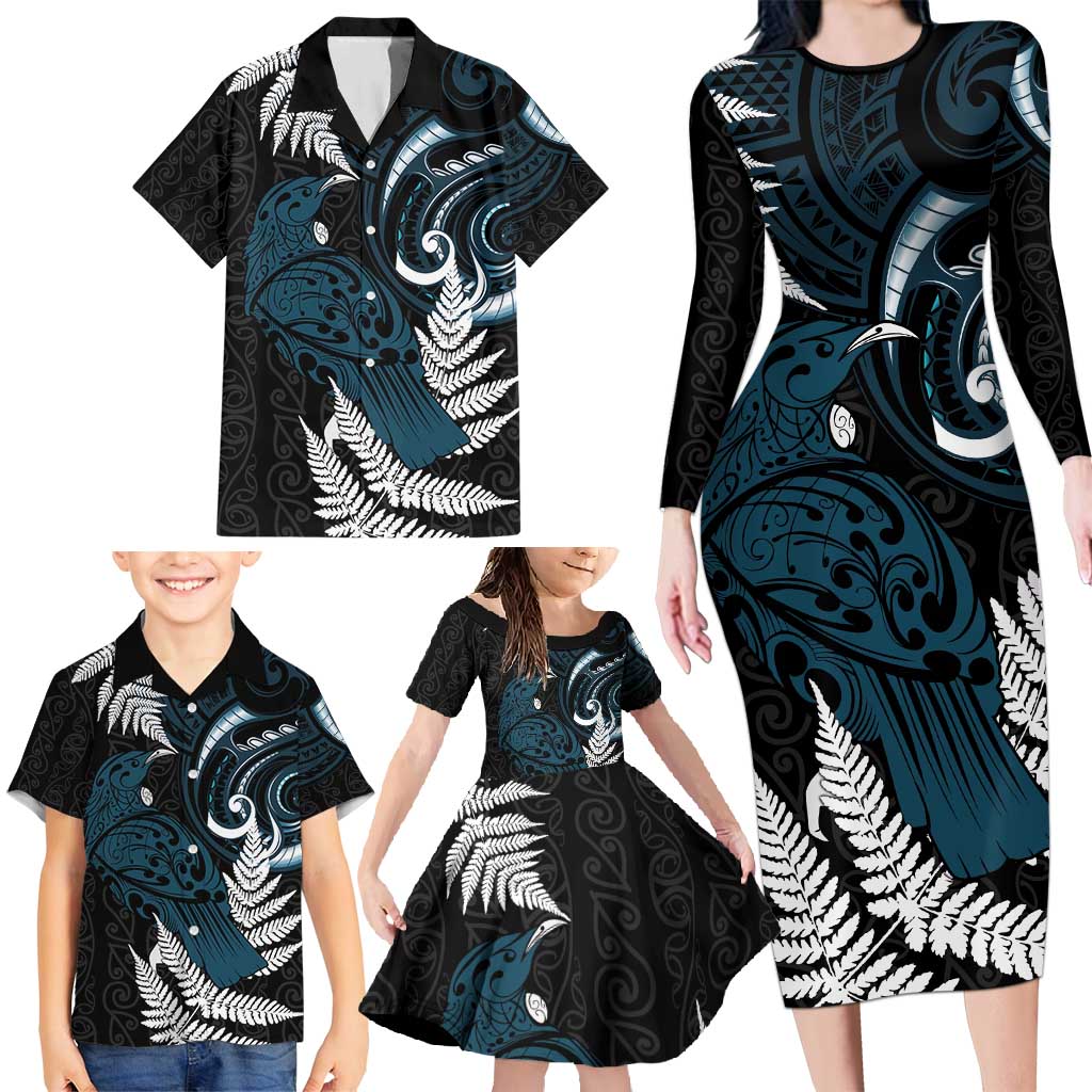 New Zealand Tui Bird Family Matching Long Sleeve Bodycon Dress and Hawaiian Shirt Maori Kowhaiwhai