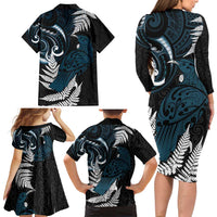 New Zealand Tui Bird Family Matching Long Sleeve Bodycon Dress and Hawaiian Shirt Maori Kowhaiwhai