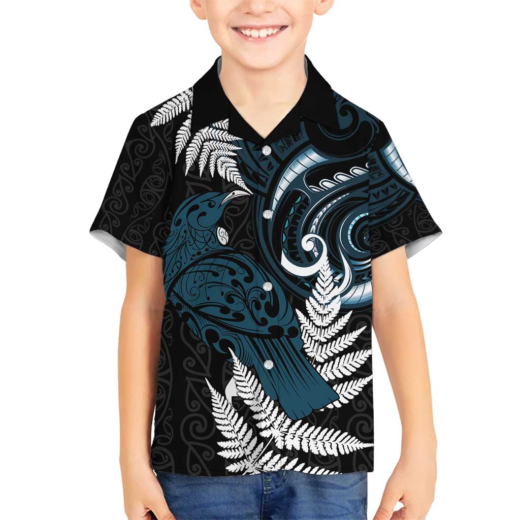 New Zealand Tui Bird Family Matching Off Shoulder Short Dress and Hawaiian Shirt Maori Kowhaiwhai