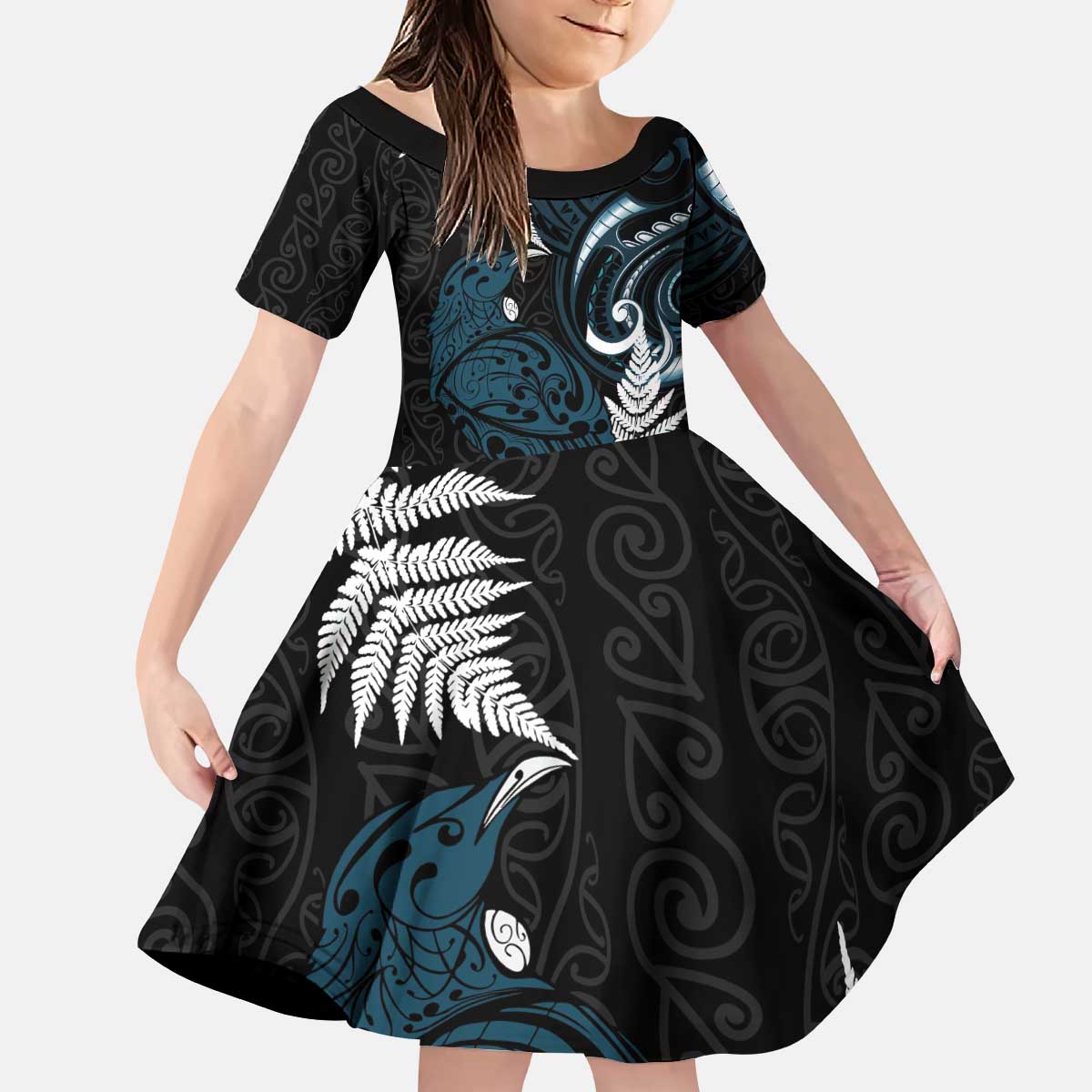 New Zealand Tui Bird Kid Short Sleeve Dress Maori Kowhaiwhai