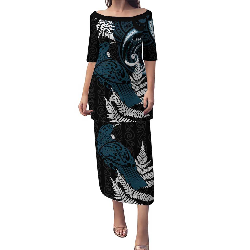 New Zealand Tui Bird Puletasi Maori Kowhaiwhai LT7 Long Dress Teal - Polynesian Pride