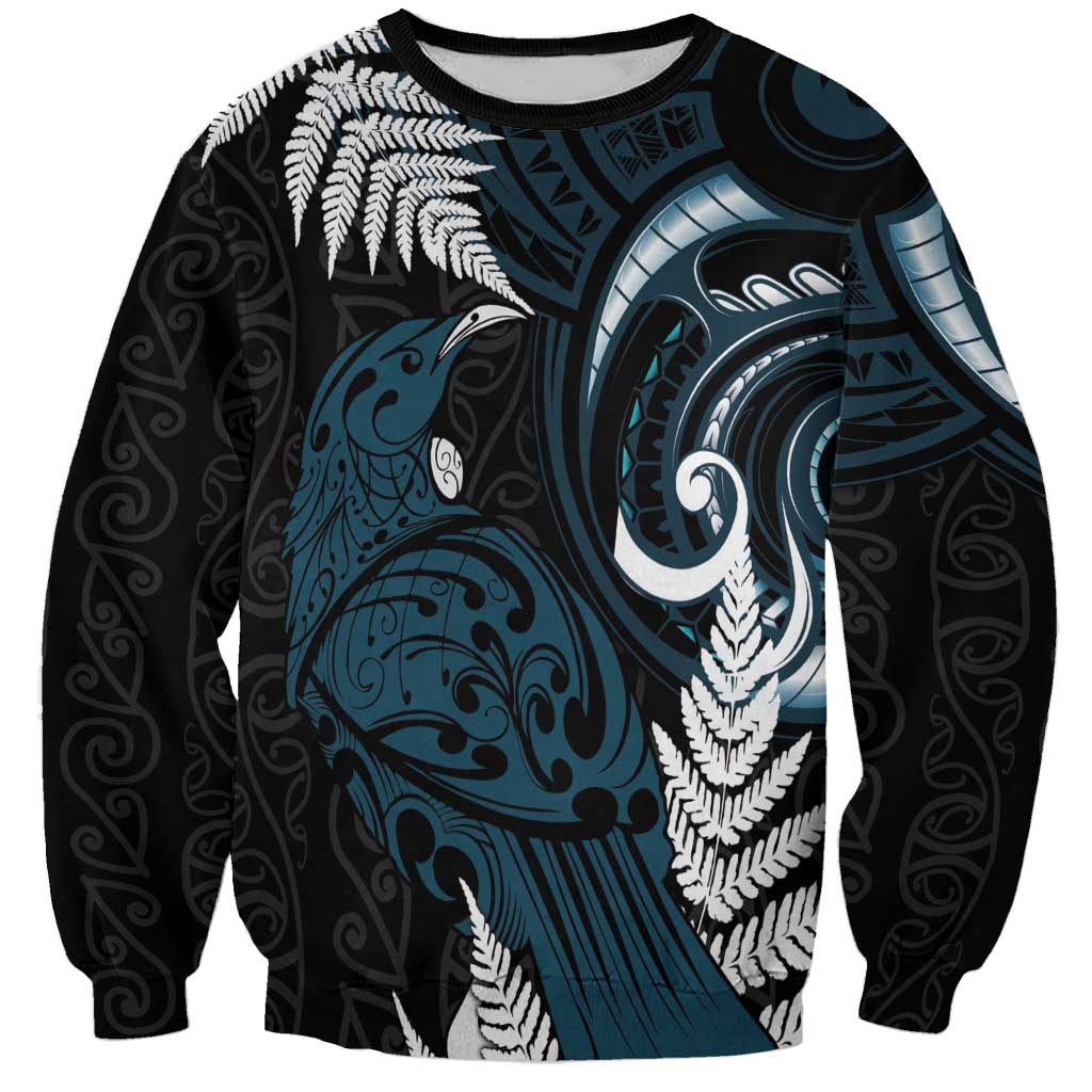 New Zealand Tui Bird Sweatshirt Maori Kowhaiwhai LT7 Unisex Teal - Polynesian Pride