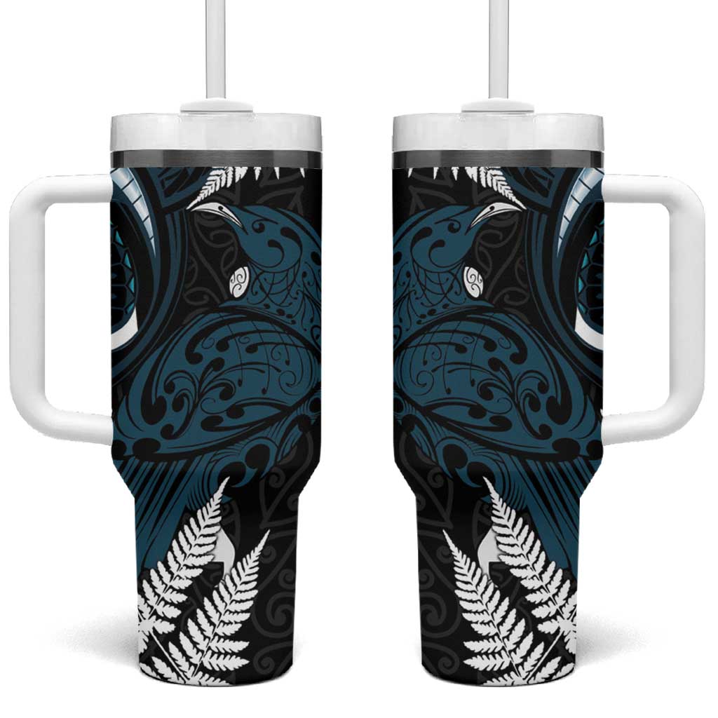 New Zealand Tui Bird Tumbler With Handle Maori Kowhaiwhai LT7 One Size: 40 oz Teal - Polynesian Pride