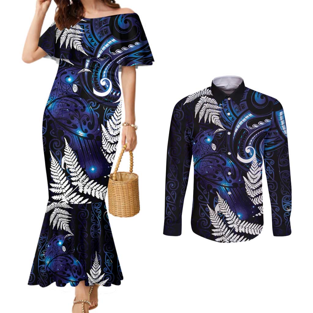 New Zealand Maori Matariki Couples Matching Mermaid Dress and Long Sleeve Button Shirt Tui Bird Galaxy