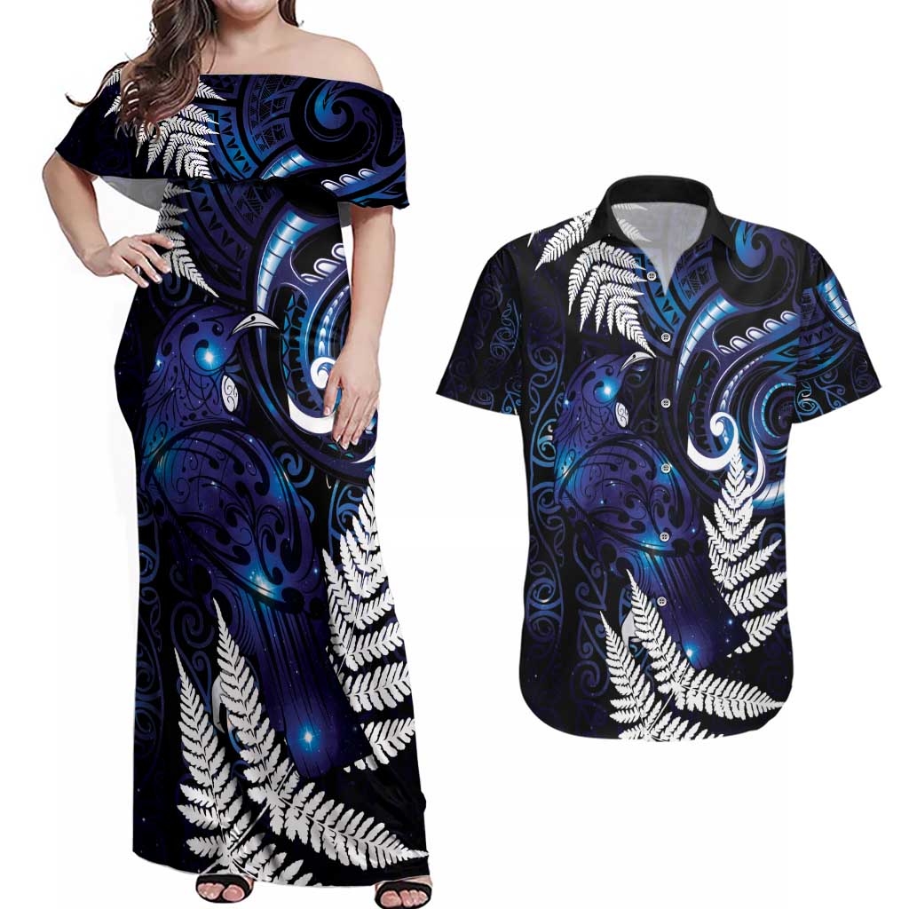 New Zealand Maori Matariki Couples Matching Off Shoulder Maxi Dress and Hawaiian Shirt Tui Bird Galaxy