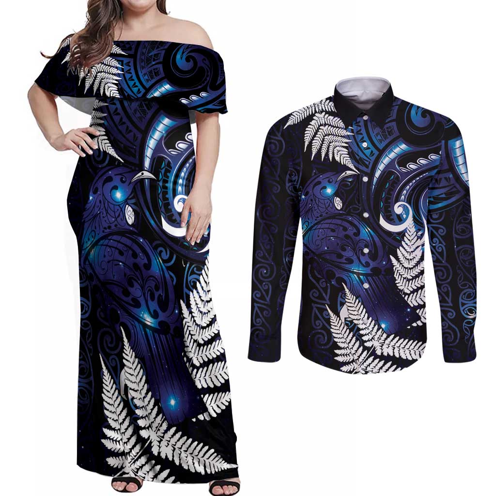 New Zealand Maori Matariki Couples Matching Off Shoulder Maxi Dress and Long Sleeve Button Shirt Tui Bird Galaxy