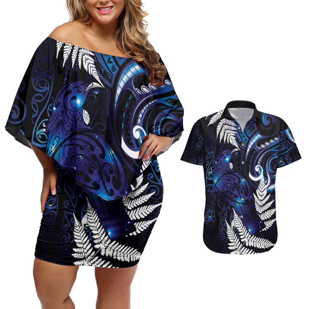 New Zealand Maori Matariki Couples Matching Off Shoulder Short Dress and Hawaiian Shirt Tui Bird Galaxy