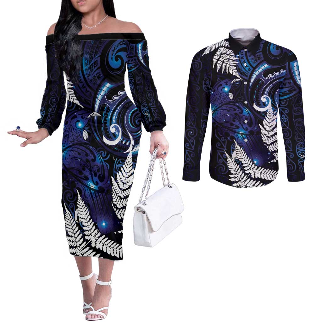 New Zealand Maori Matariki Couples Matching Off The Shoulder Long Sleeve Dress and Long Sleeve Button Shirt Tui Bird Galaxy