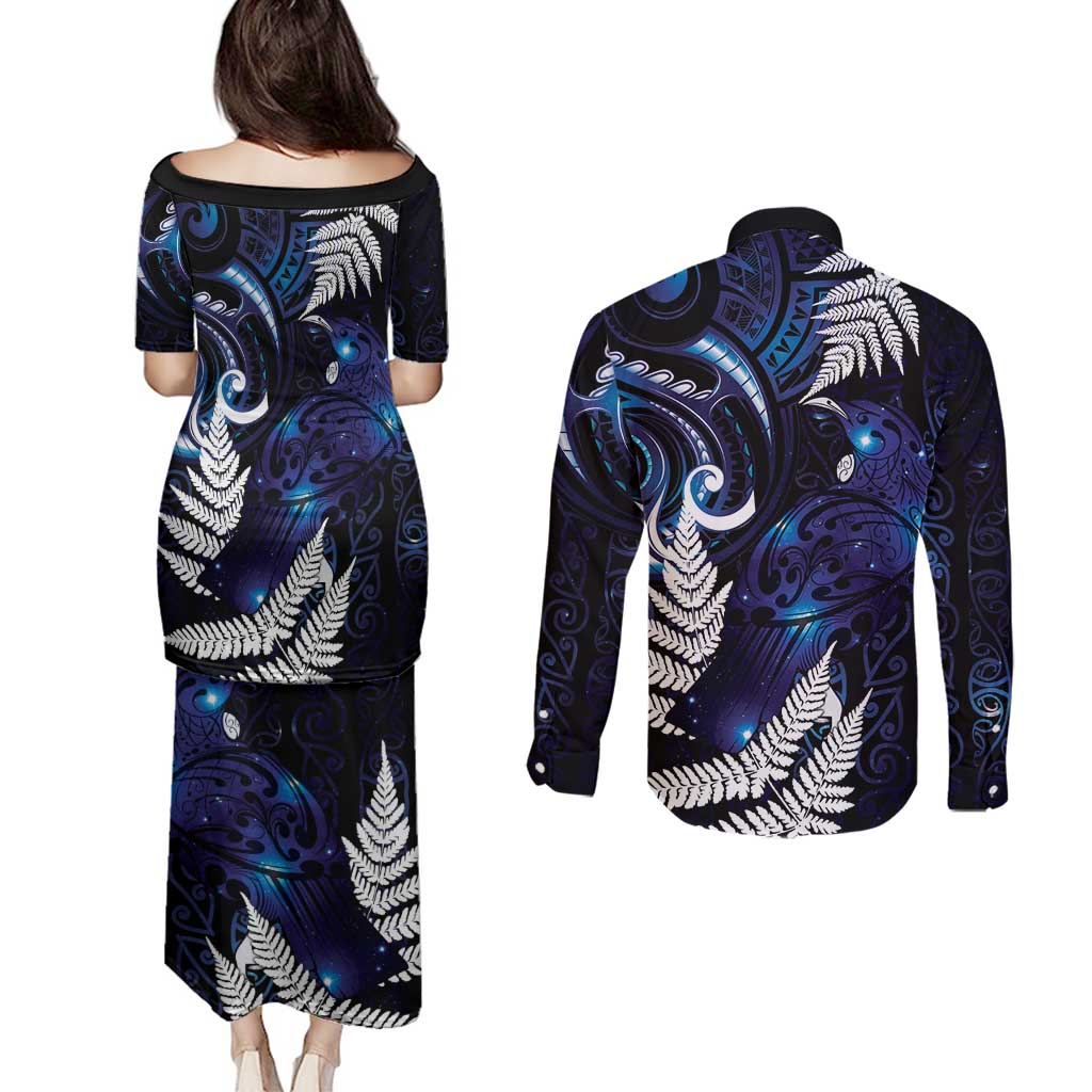 New Zealand Maori Matariki Couples Matching Puletasi and Long Sleeve Button Shirt Tui Bird Galaxy