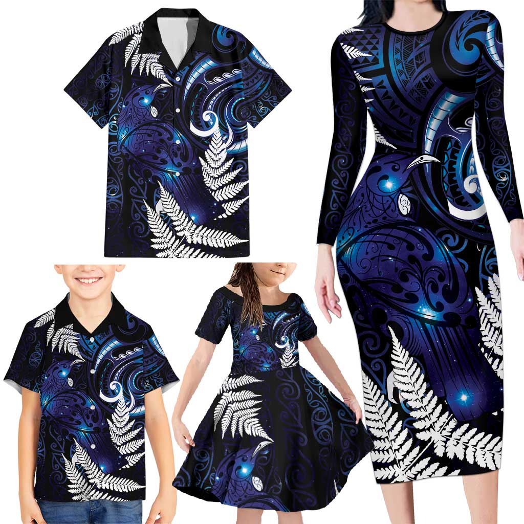 New Zealand Maori Matariki Family Matching Long Sleeve Bodycon Dress and Hawaiian Shirt Tui Bird Galaxy