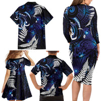 New Zealand Maori Matariki Family Matching Long Sleeve Bodycon Dress and Hawaiian Shirt Tui Bird Galaxy