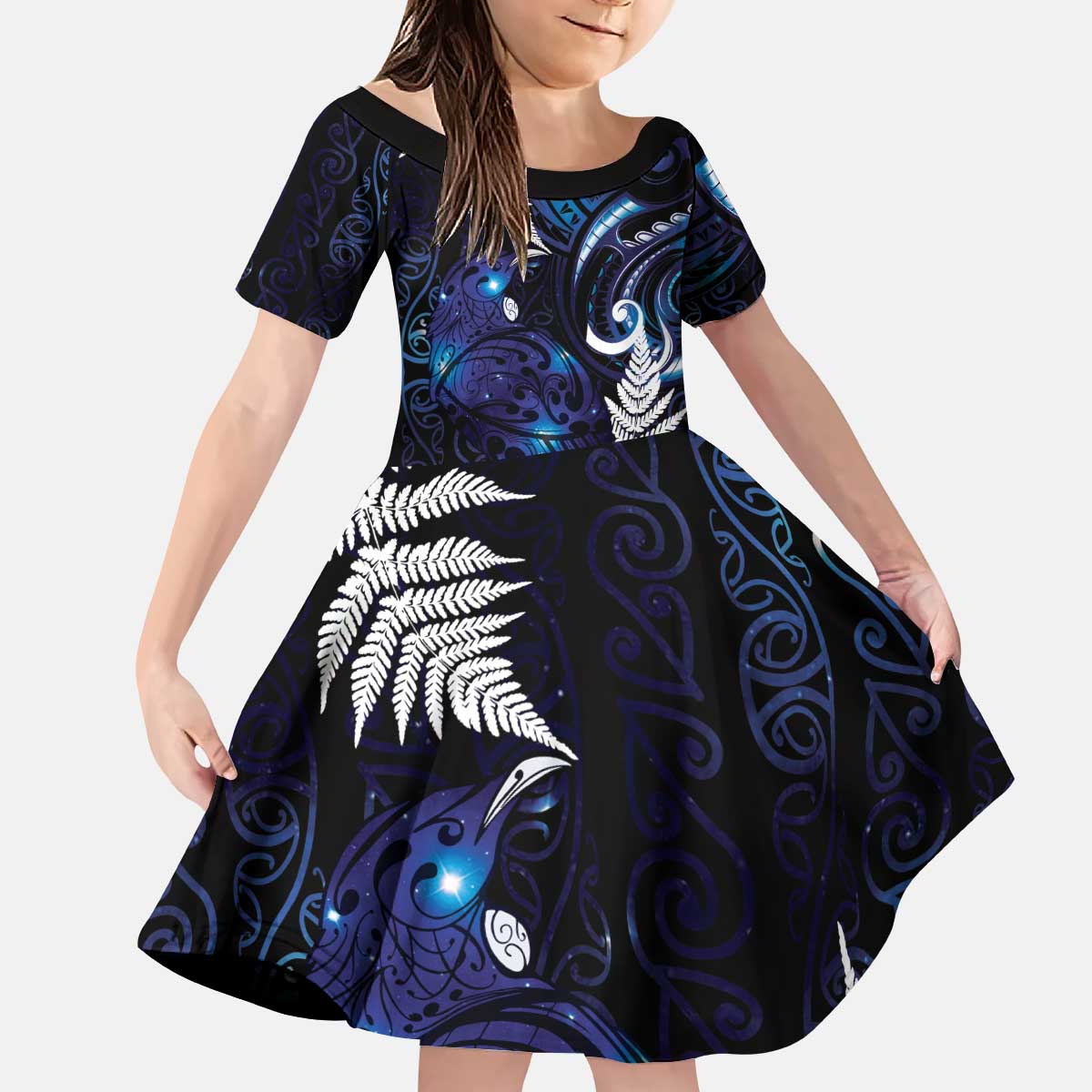 New Zealand Maori Matariki Kid Short Sleeve Dress Tui Bird Galaxy