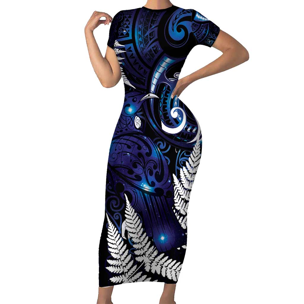 New Zealand Maori Matariki Short Sleeve Bodycon Dress Tui Bird Galaxy