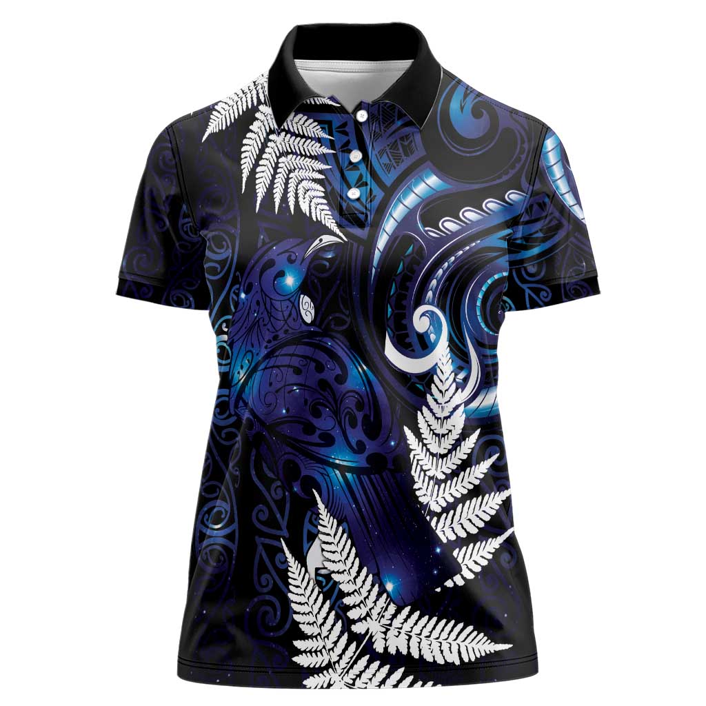 New Zealand Maori Matariki Women Polo Shirt Tui Bird Galaxy