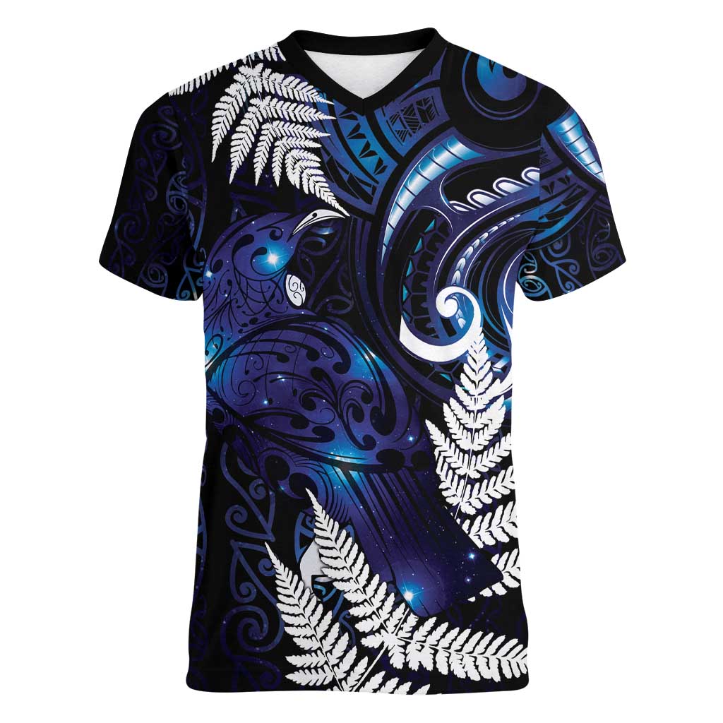 New Zealand Maori Matariki Women V-Neck T-Shirt Tui Bird Galaxy