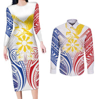 Philippines Tribal Sun Personalized Couples Matching Long Sleeve Bodycon Dress and Long Sleeve Button Shirt Hunting Eagle LT7 White - Polynesian Pride