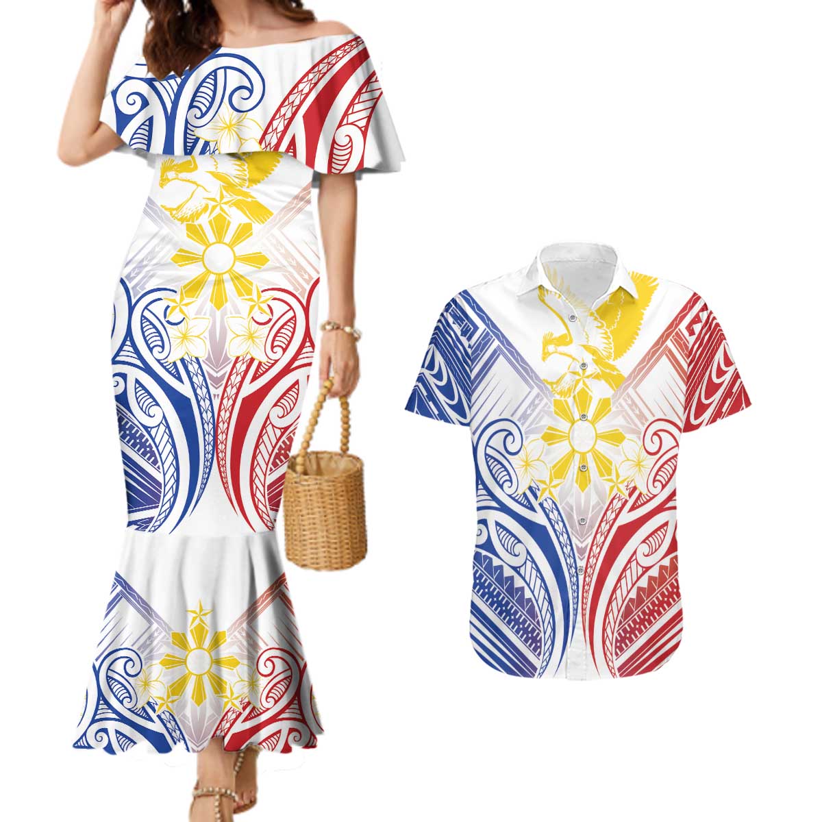 Philippines Tribal Sun Personalized Couples Matching Mermaid Dress and Hawaiian Shirt Hunting Eagle LT7 White - Polynesian Pride