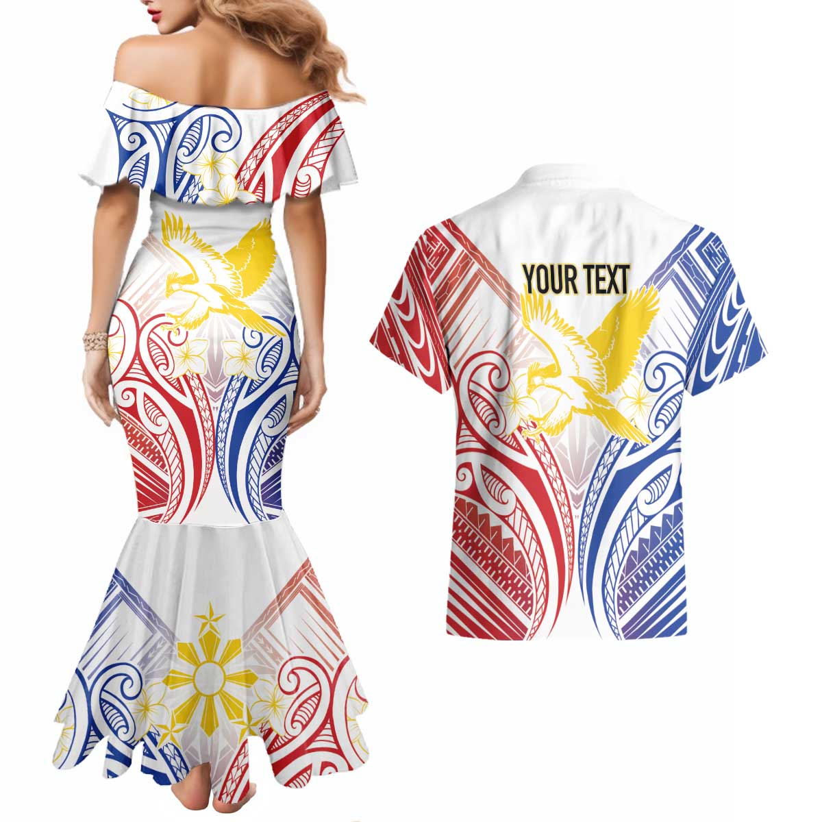 Philippines Tribal Sun Personalized Couples Matching Mermaid Dress and Hawaiian Shirt Hunting Eagle LT7 - Polynesian Pride
