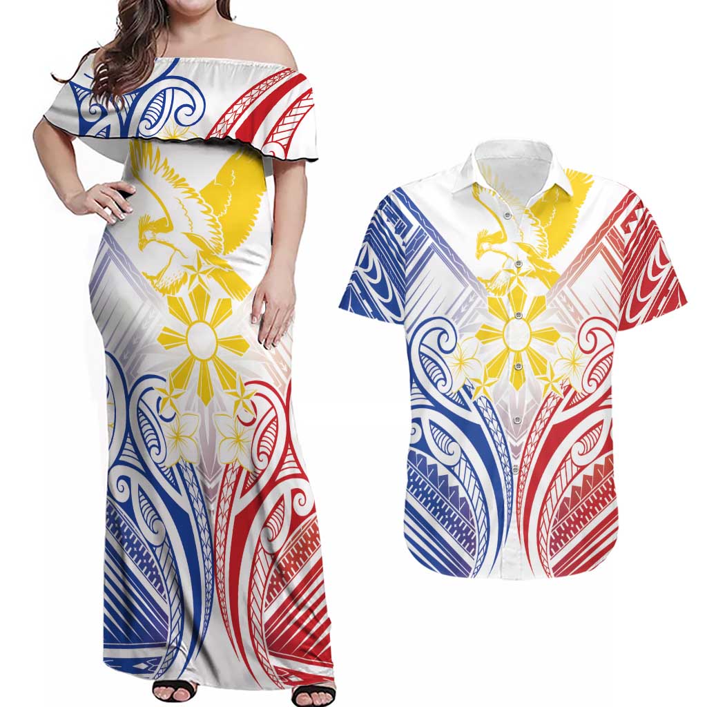 Philippines Tribal Sun Personalized Couples Matching Off Shoulder Maxi Dress and Hawaiian Shirt Hunting Eagle LT7 White - Polynesian Pride