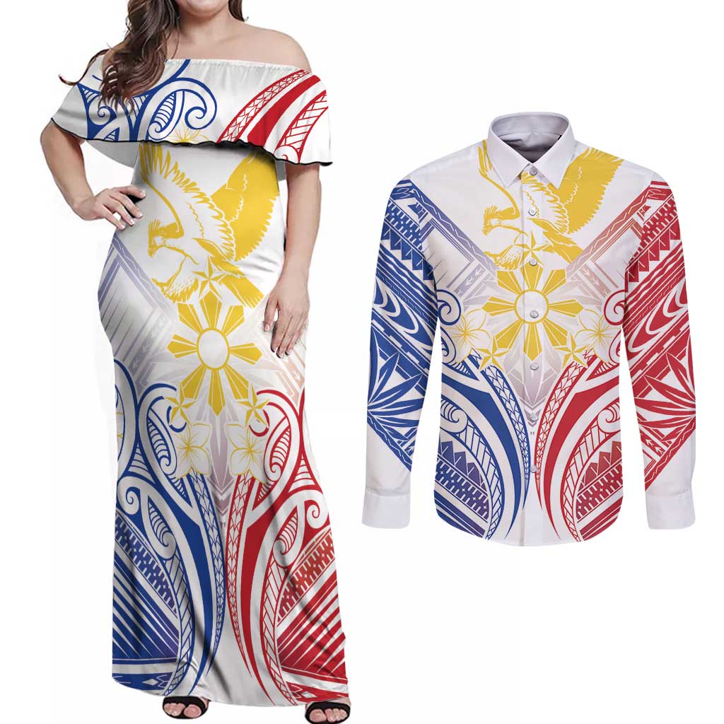 Philippines Tribal Sun Personalized Couples Matching Off Shoulder Maxi Dress and Long Sleeve Button Shirt Hunting Eagle LT7 White - Polynesian Pride