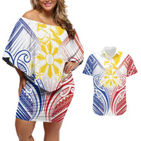 Philippines Tribal Sun Personalized Couples Matching Off Shoulder Short Dress and Hawaiian Shirt Hunting Eagle LT7 White - Polynesian Pride