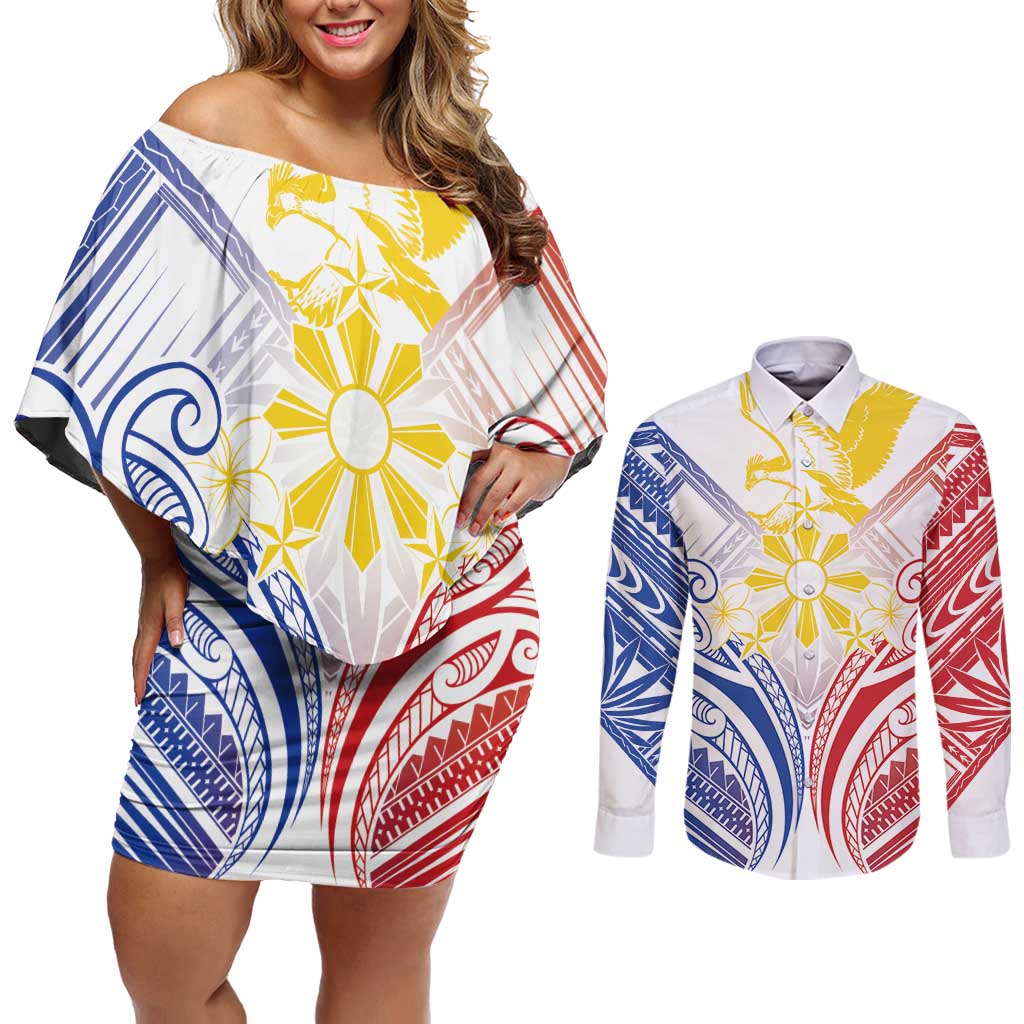 Philippines Tribal Sun Personalized Couples Matching Off Shoulder Short Dress and Long Sleeve Button Shirt Hunting Eagle LT7 White - Polynesian Pride
