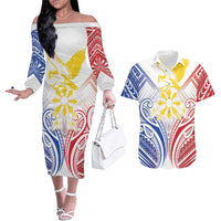 Philippines Tribal Sun Personalized Couples Matching Off The Shoulder Long Sleeve Dress and Hawaiian Shirt Hunting Eagle LT7 White - Polynesian Pride