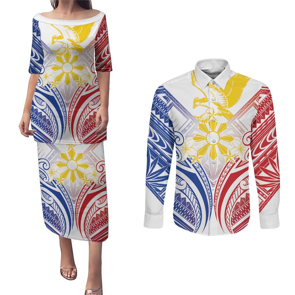 Philippines Tribal Sun Personalized Couples Matching Puletasi and Long Sleeve Button Shirt Hunting Eagle LT7 White - Polynesian Pride