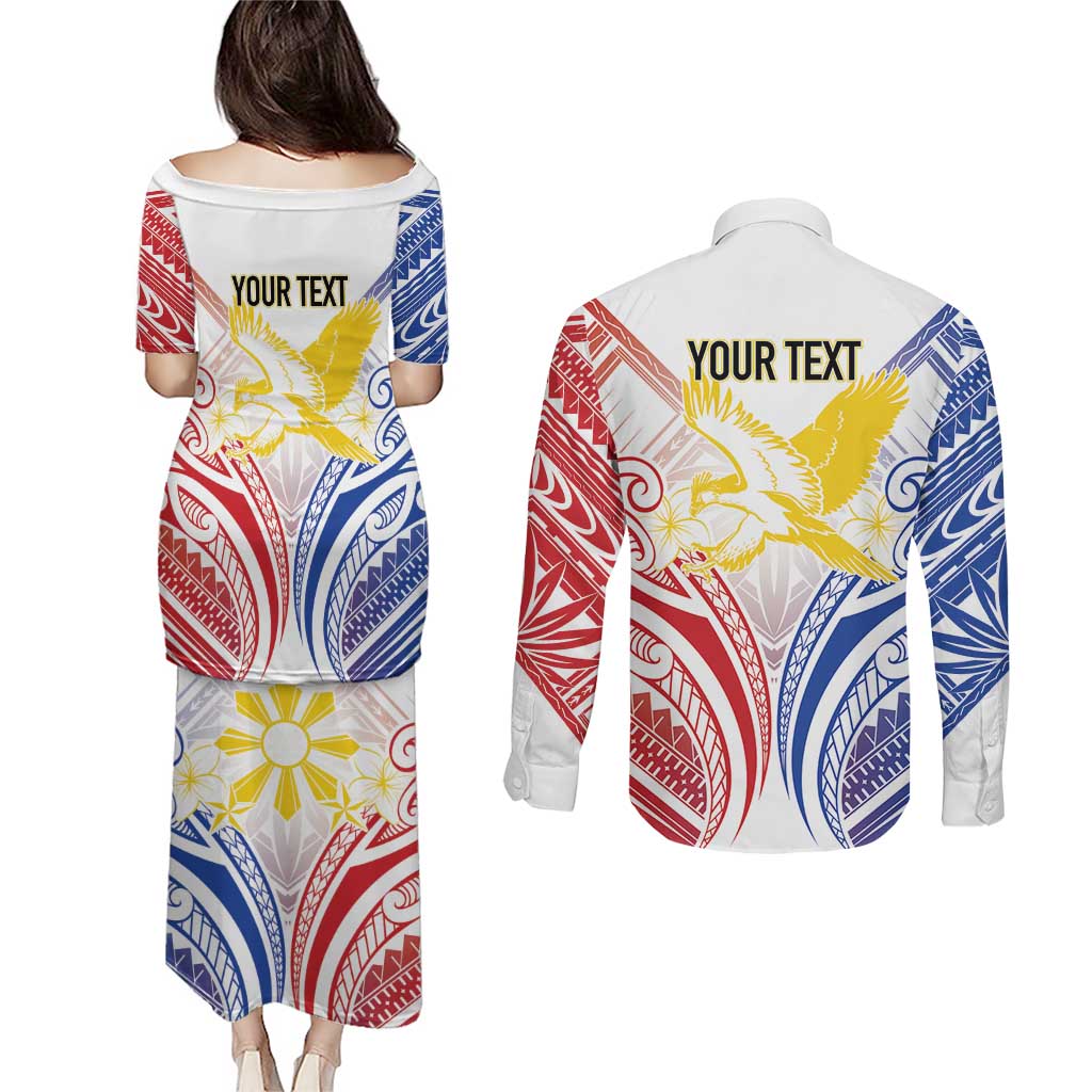 Philippines Tribal Sun Personalized Couples Matching Puletasi and Long Sleeve Button Shirt Hunting Eagle LT7 - Polynesian Pride