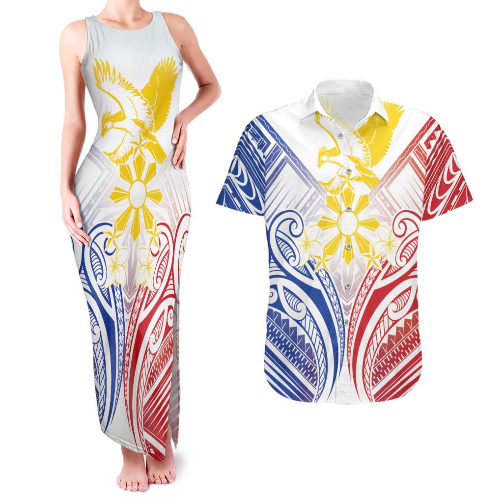 Philippines Tribal Sun Personalized Couples Matching Tank Maxi Dress and Hawaiian Shirt Hunting Eagle LT7 White - Polynesian Pride