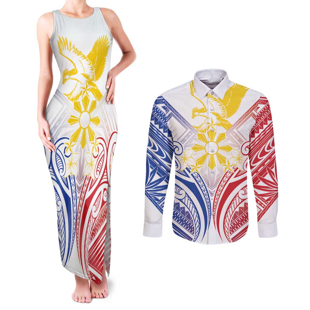 Philippines Tribal Sun Personalized Couples Matching Tank Maxi Dress and Long Sleeve Button Shirt Hunting Eagle LT7 White - Polynesian Pride