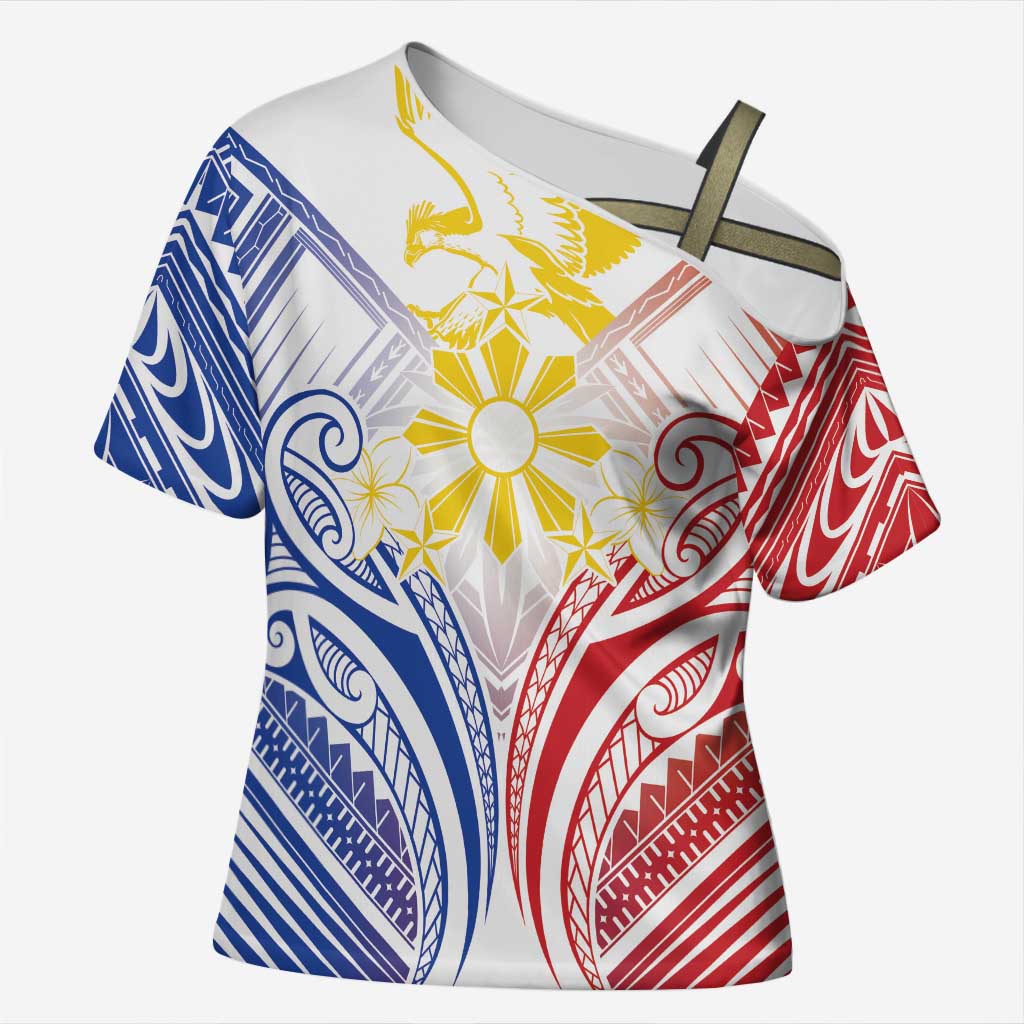 Philippines Tribal Sun Personalized Cross Shoulder Shirt Hunting Eagle LT7 Female White - Polynesian Pride
