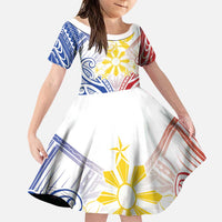 Philippines Tribal Sun Personalized Family Matching Tank Maxi Dress and Hawaiian Shirt Hunting Eagle LT7 Daughter's Dress White - Polynesian Pride