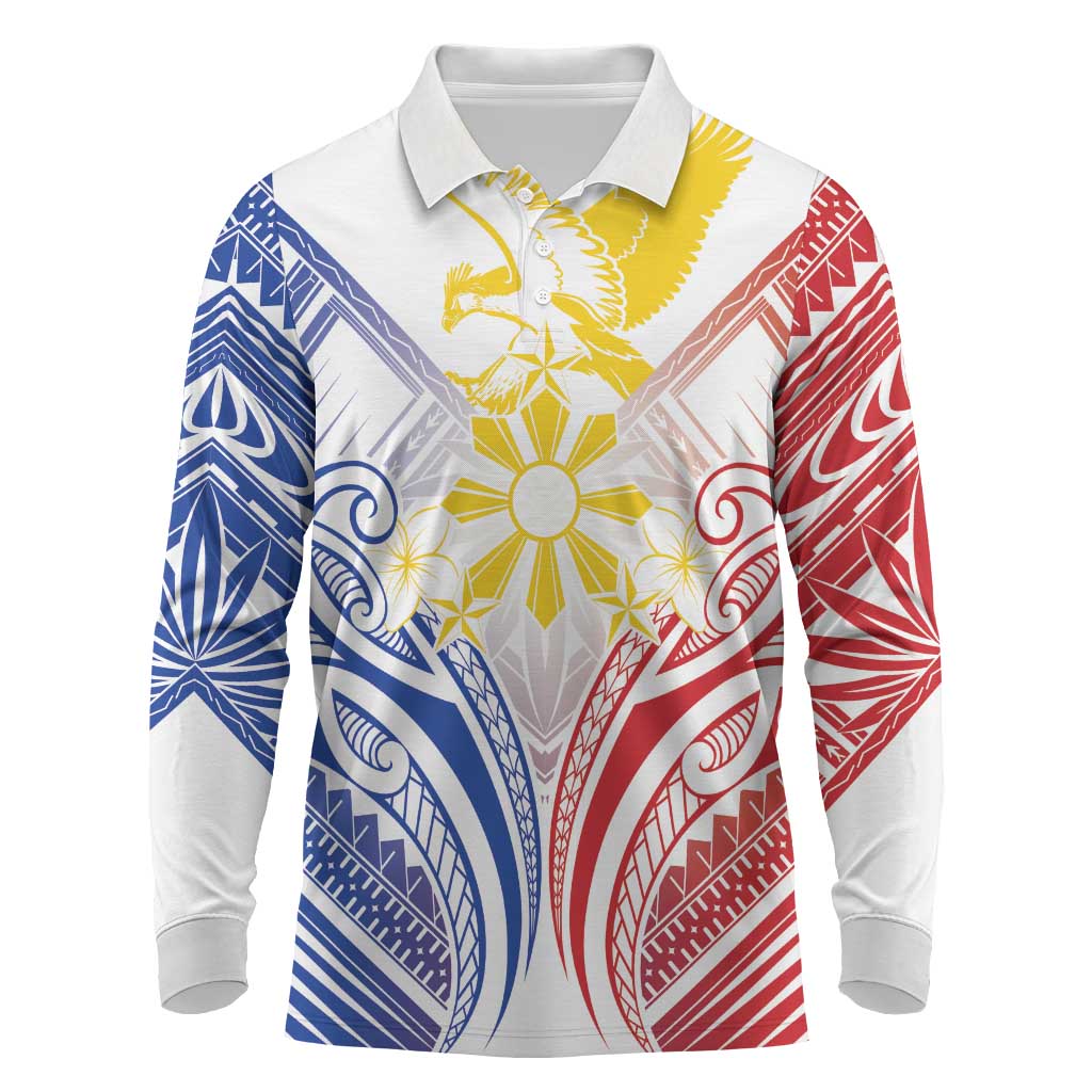Philippines Tribal Sun Personalized Long Sleeve Polo Shirt Hunting Eagle LT7 White - Polynesian Pride