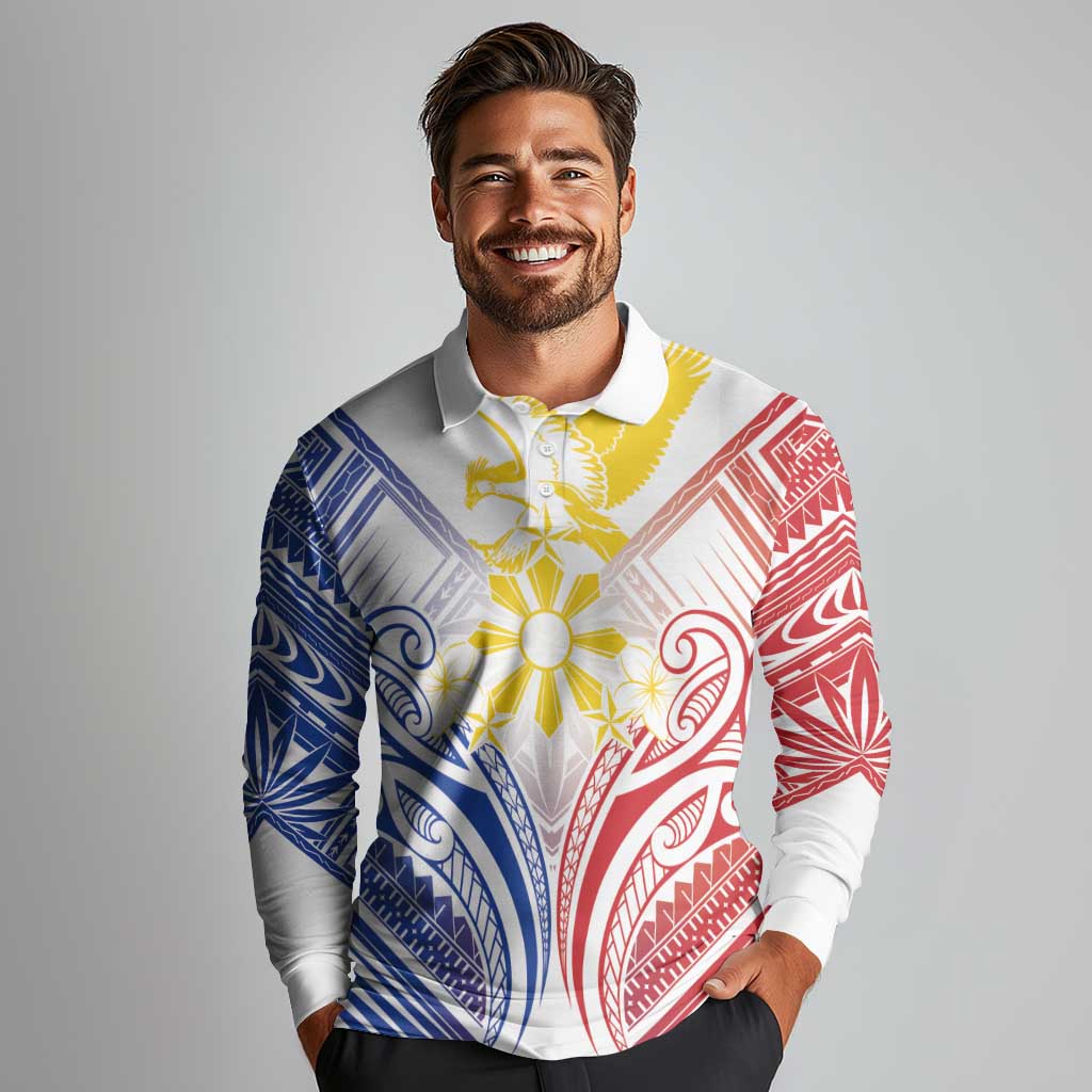Philippines Tribal Sun Personalized Long Sleeve Polo Shirt Hunting Eagle LT7 - Polynesian Pride