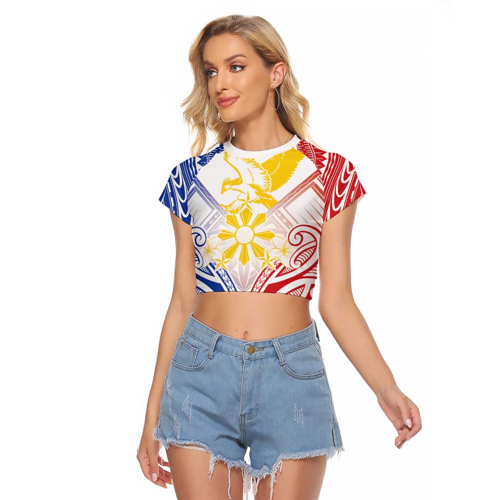 Philippines Tribal Sun Personalized Raglan Cropped T Shirt Hunting Eagle LT7 Female White - Polynesian Pride