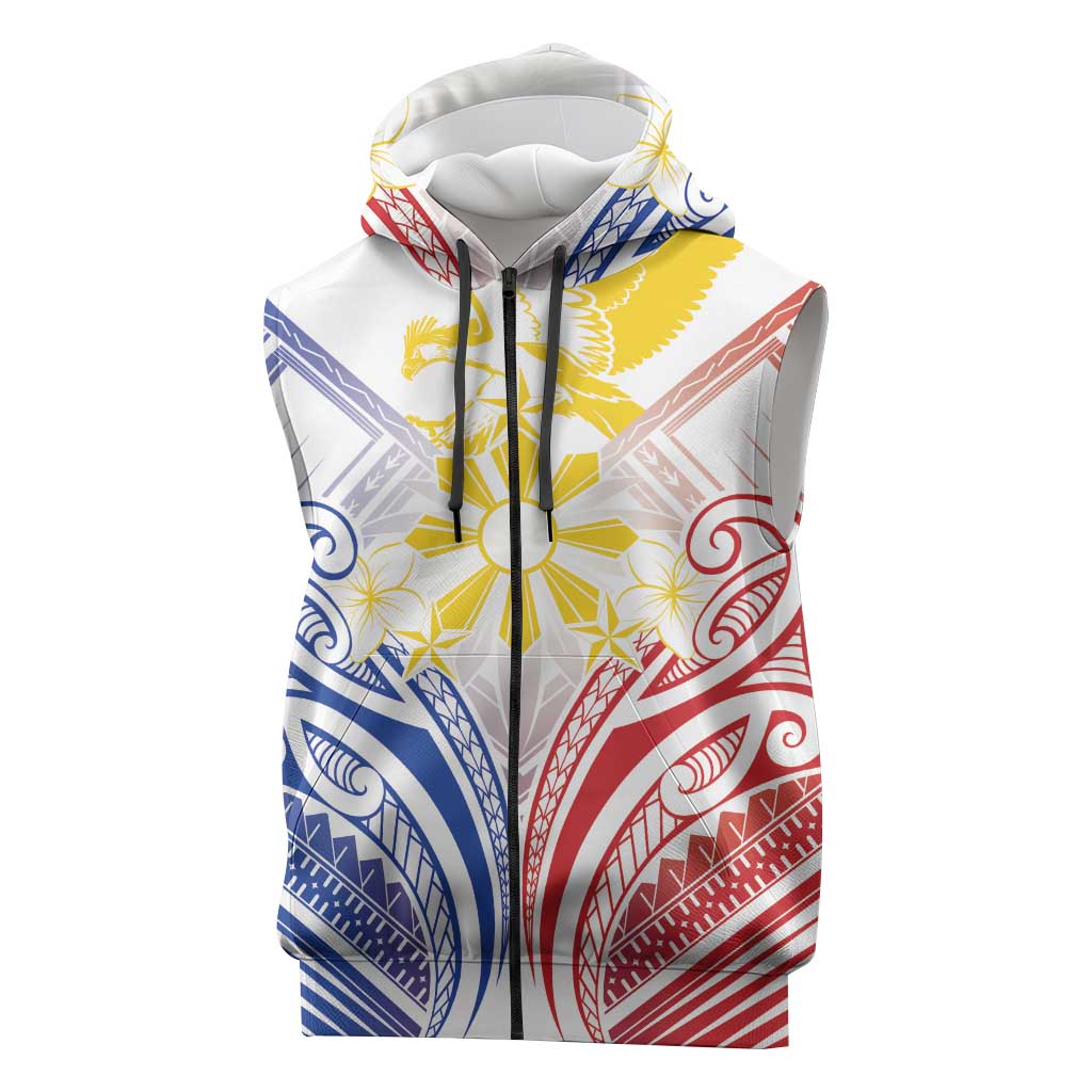 Philippines Tribal Sun Personalized Sleeveless Zip Hoodie Hunting Eagle LT7 White - Polynesian Pride