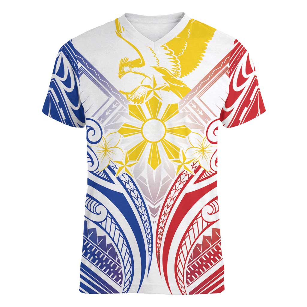 Philippines Tribal Sun Personalized Women V-Neck T-Shirt Hunting Eagle LT7 Female White - Polynesian Pride
