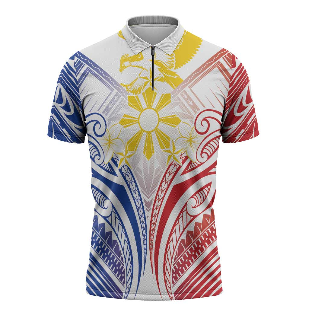 Philippines Tribal Sun Personalized Zipper Polo Shirt Hunting Eagle LT7 White - Polynesian Pride