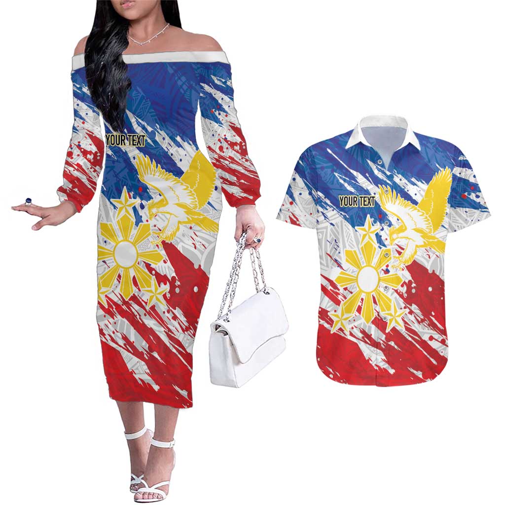 Personalized Filipino Sun and Stars Couples Matching Off The Shoulder Long Sleeve Dress and Hawaiian Shirt Grunge Vibes