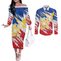 Personalized Filipino Sun and Stars Couples Matching Off The Shoulder Long Sleeve Dress and Long Sleeve Button Shirt Grunge Vibes