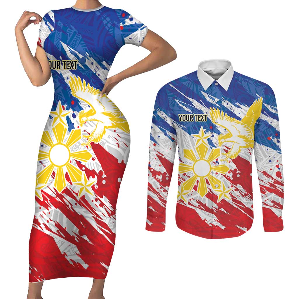 Personalized Filipino Sun and Stars Couples Matching Short Sleeve Bodycon Dress and Long Sleeve Button Shirt Grunge Vibes LT7 White - Polynesian Pride