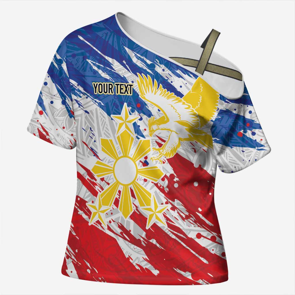 Personalized Filipino Sun and Stars Cross Shoulder Shirt Grunge Vibes LT7 Female White - Polynesian Pride