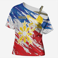 Personalized Filipino Sun and Stars Cross Shoulder Shirt Grunge Vibes LT7 Female White - Polynesian Pride
