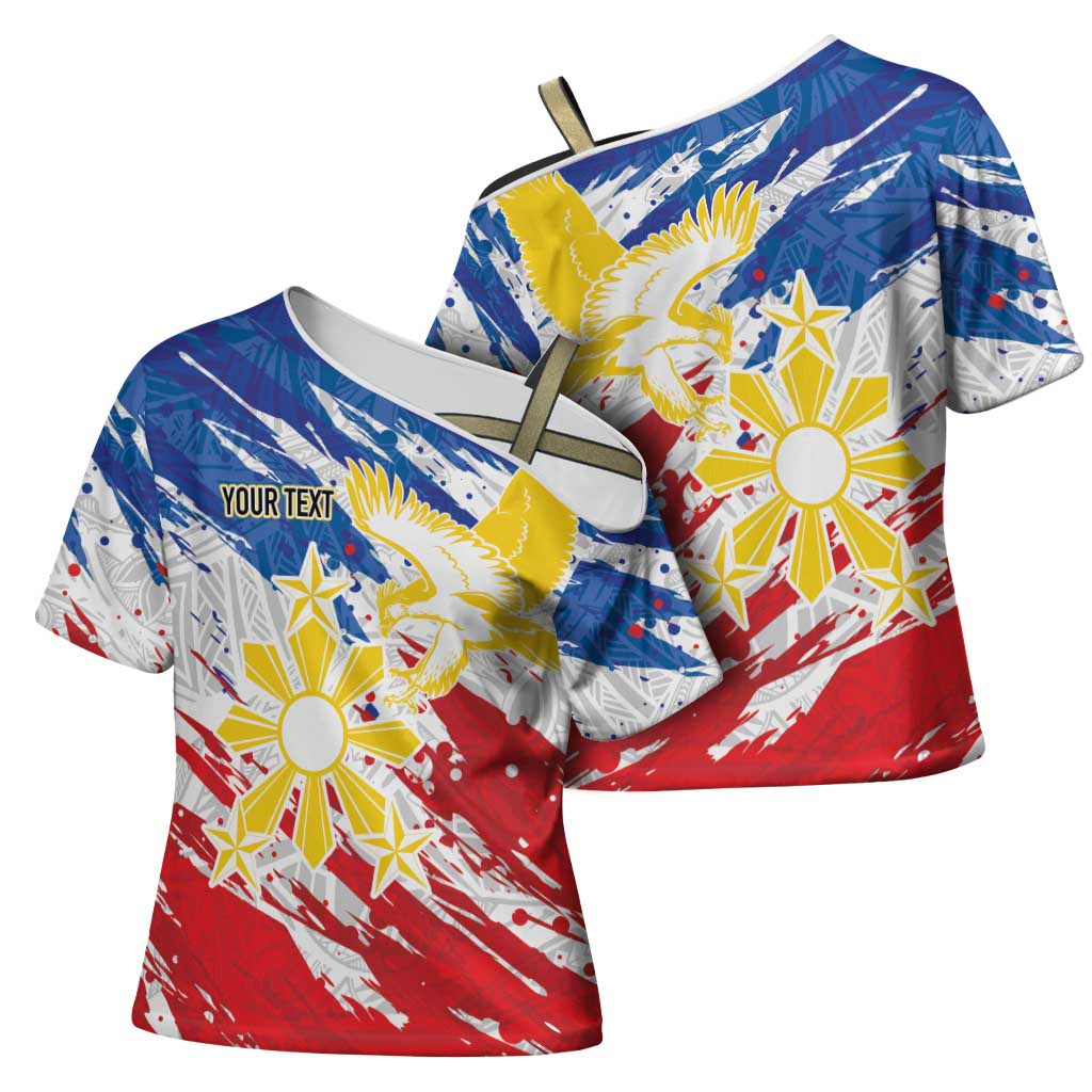 Personalized Filipino Sun and Stars Cross Shoulder Shirt Grunge Vibes LT7 - Polynesian Pride